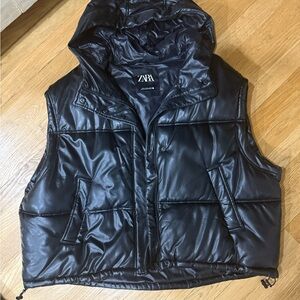 Zara cropped leather Black Puffer Vest